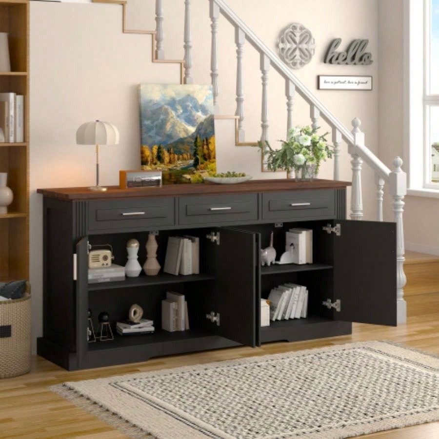 63 Fluted Sideboard Buffet Cabinet with Storage, Farmhouse Coffee Bar Station with 4 Doors and 3 Drawers, Wood Kitchen Storage Console Table Living Room Dining Room Entryway, Black