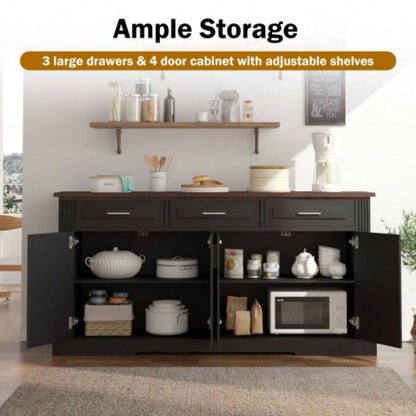 63 Fluted Sideboard Buffet Cabinet with Storage, Farmhouse Coffee Bar Station with 4 Doors and 3 Drawers, Wood Kitchen Storage Console Table Living Room Dining Room Entryway, Black