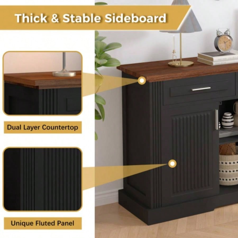 63 Fluted Sideboard Buffet Cabinet with Storage, Farmhouse Coffee Bar Station with 4 Doors and 3 Drawers, Wood Kitchen Storage Console Table Living Room Dining Room Entryway, Black
