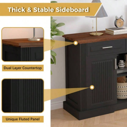 63 Fluted Sideboard Buffet Cabinet with Storage, Farmhouse Coffee Bar Station with 4 Doors and 3 Drawers, Wood Kitchen Storage Console Table Living Room Dining Room Entryway, Black