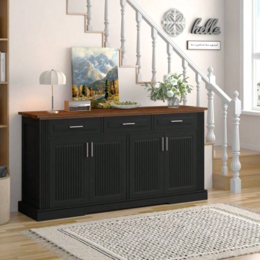63 Fluted Sideboard Buffet Cabinet with Storage, Farmhouse Coffee Bar Station with 4 Doors and 3 Drawers, Wood Kitchen Storage Console Table Living Room Dining Room Entryway, Black