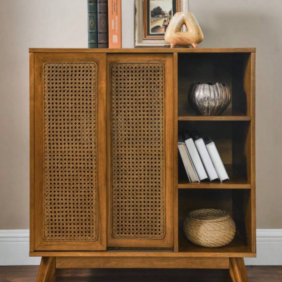 Mid Modern Rattan Sideboard Cabinet, Buffet Cabinet Entryway Hallway Living Room Kitchen Dining Room, Adjustable Shelf Solid Wood Feet Rattan Cabinet Doors - Light Wood