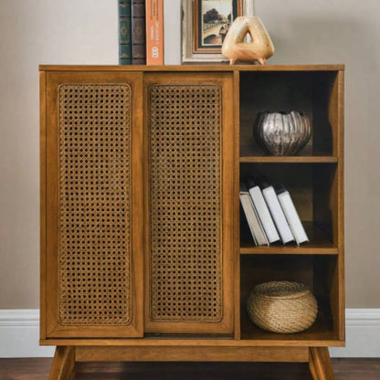 Mid Modern Rattan Sideboard Cabinet, Buffet Cabinet Entryway Hallway Living Room Kitchen Dining Room, Adjustable Shelf Solid Wood Feet Rattan Cabinet Doors - Light Wood