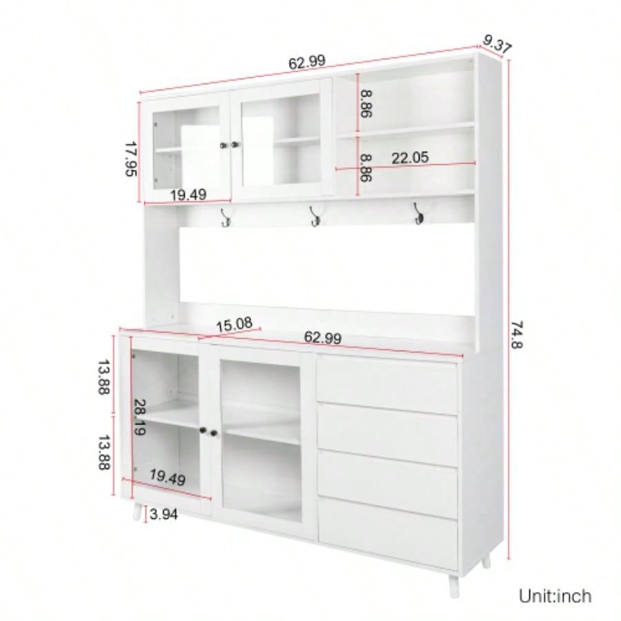 63 Large Kitchen Hutch Cabinet, Freestanding Pantry Cabinets Storage Kitchen Cupboard with 4 Doors, 4 Drawers Microwave Shelf, White