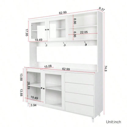 63 Large Kitchen Hutch Cabinet, Freestanding Pantry Cabinets Storage Kitchen Cupboard with 4 Doors, 4 Drawers Microwave Shelf, White