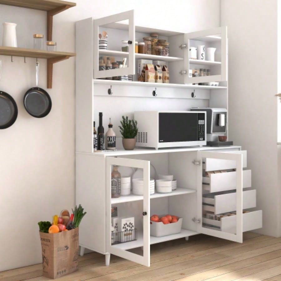 63 Large Kitchen Hutch Cabinet, Freestanding Pantry Cabinets Storage Kitchen Cupboard with 4 Doors, 4 Drawers Microwave Shelf, White