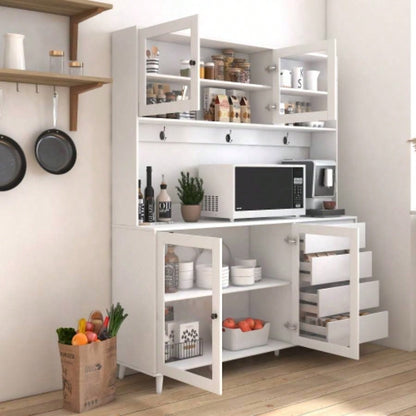63 Large Kitchen Hutch Cabinet, Freestanding Pantry Cabinets Storage Kitchen Cupboard with 4 Doors, 4 Drawers Microwave Shelf, White