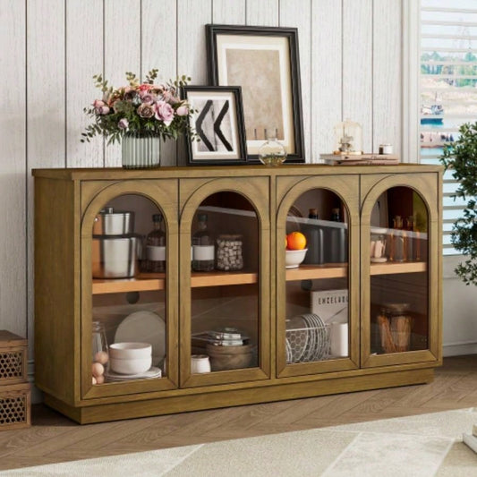 TREXM 4 - Door Large Storage Buffet Cabinet with Glass Doors, Arched Cabinet with Adjustable Shelves Kitchen, Dining Room and Living Room Old Pine
