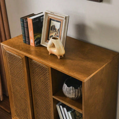 Mid Modern Rattan Sideboard Cabinet, Buffet Cabinet Entryway Hallway Living Room Kitchen Dining Room, Adjustable Shelf Solid Wood Feet Rattan Cabinet Doors - Light Wood