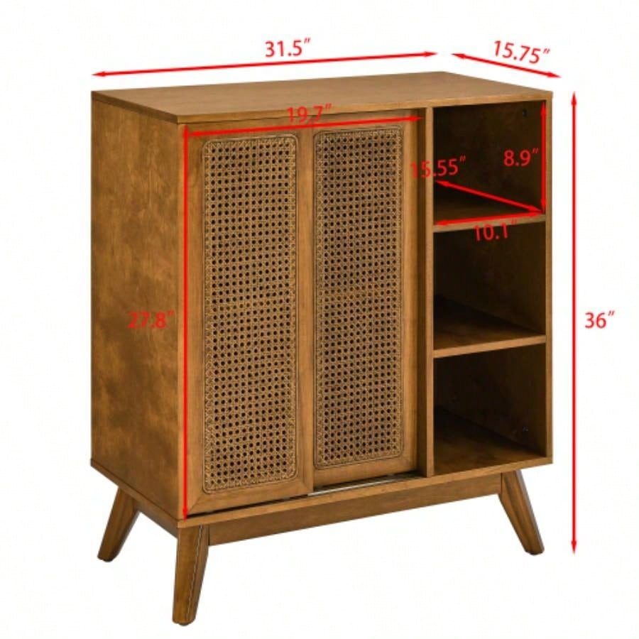 Mid Modern Rattan Sideboard Cabinet, Buffet Cabinet Entryway Hallway Living Room Kitchen Dining Room, Adjustable Shelf Solid Wood Feet Rattan Cabinet Doors - Light Wood