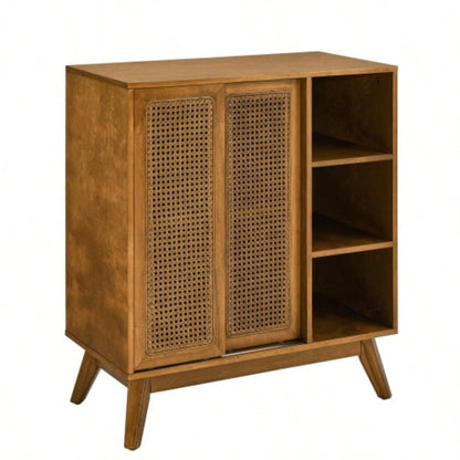 Mid Modern Rattan Sideboard Cabinet, Buffet Cabinet Entryway Hallway Living Room Kitchen Dining Room, Adjustable Shelf Solid Wood Feet Rattan Cabinet Doors - Light Wood