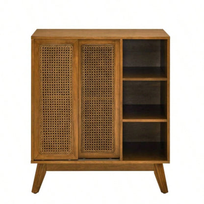 Mid Modern Rattan Sideboard Cabinet, Buffet Cabinet Entryway Hallway Living Room Kitchen Dining Room, Adjustable Shelf Solid Wood Feet Rattan Cabinet Doors - Light Wood