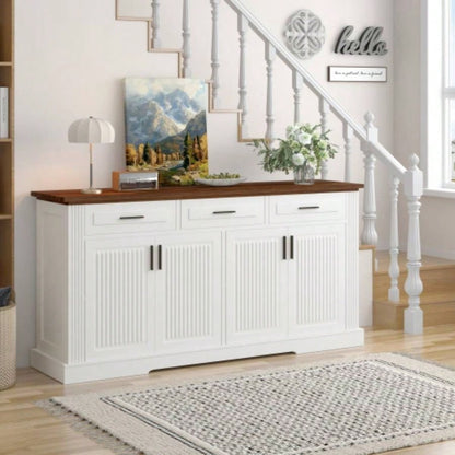 63 Fluted Sideboard Buffet Cabinet with Storage, Coffee Bar Station with 4 Doors and 3 Drawers, Kitchen Storage Console Table Living Room Dining Room Entryway, White