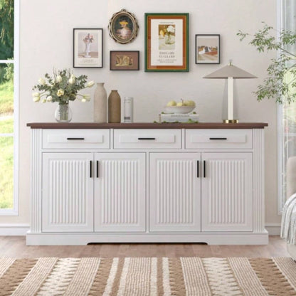63 Fluted Sideboard Buffet Cabinet with Storage, Coffee Bar Station with 4 Doors and 3 Drawers, Kitchen Storage Console Table Living Room Dining Room Entryway, White