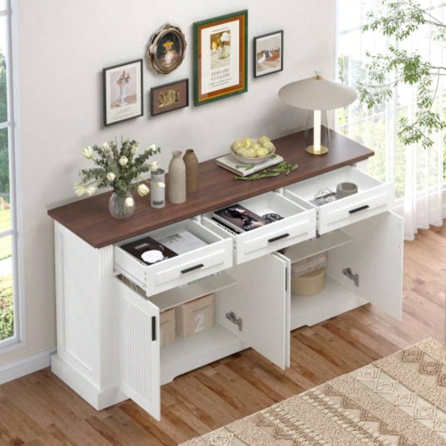 63 Fluted Sideboard Buffet Cabinet with Storage, Coffee Bar Station with 4 Doors and 3 Drawers, Kitchen Storage Console Table Living Room Dining Room Entryway, White