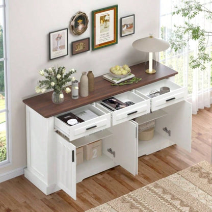 63 Fluted Sideboard Buffet Cabinet with Storage, Coffee Bar Station with 4 Doors and 3 Drawers, Kitchen Storage Console Table Living Room Dining Room Entryway, White
