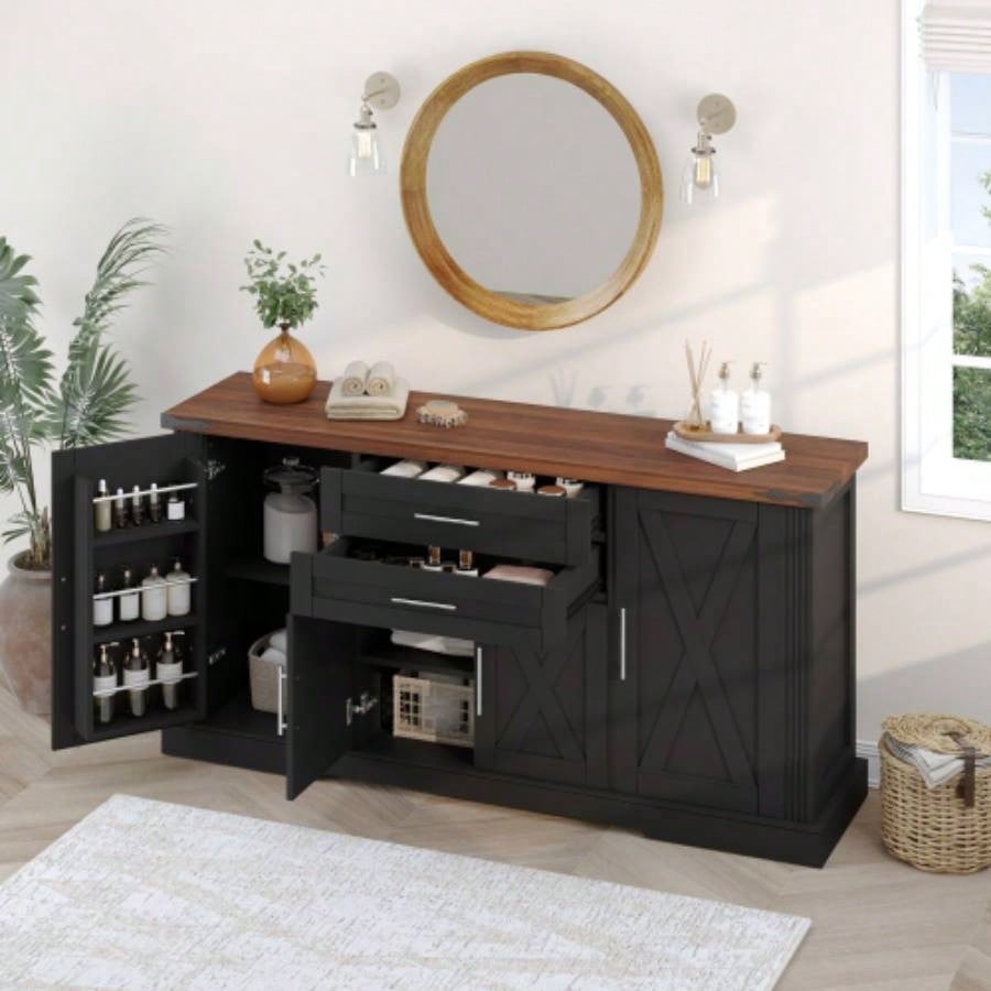 63 Farmhouse Barn Door Storage Cabinet with 2 Drawers Door Rack, Large Buffet Table Coffee Bar Cabinets with Adjustable Shelves Kitchen, Living Room, Entryway, Dining Room, Black