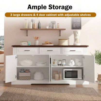 63 Fluted Sideboard Buffet Cabinet with Storage, Coffee Bar Station with 4 Doors and 3 Drawers, Kitchen Storage Console Table Living Room Dining Room Entryway, White