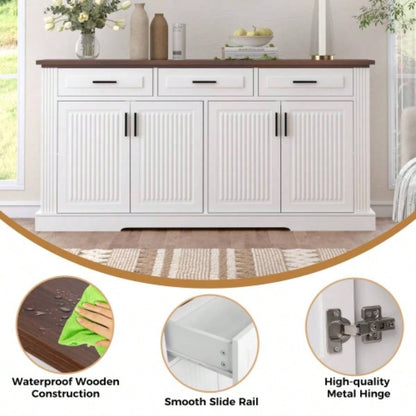 63 Fluted Sideboard Buffet Cabinet with Storage, Coffee Bar Station with 4 Doors and 3 Drawers, Kitchen Storage Console Table Living Room Dining Room Entryway, White