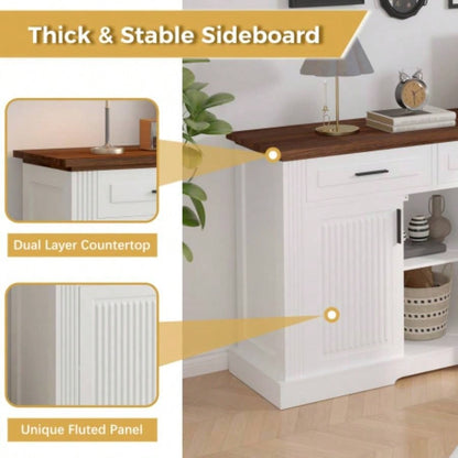 63 Fluted Sideboard Buffet Cabinet with Storage, Coffee Bar Station with 4 Doors and 3 Drawers, Kitchen Storage Console Table Living Room Dining Room Entryway, White