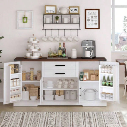 63 Farmhouse Barn Door Storage Cabinet with 2 Drawers Door Rack, Large Buffet Table Coffee Bar Cabinets with Adjustable Shelves Kitchen, Living Room, Entryway, Dining Room, White