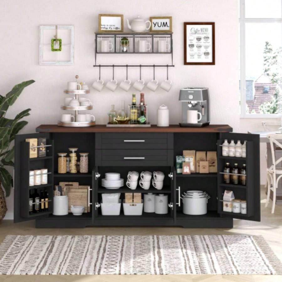 63 Farmhouse Barn Door Storage Cabinet with 2 Drawers Door Rack, Large Buffet Table Coffee Bar Cabinets with Adjustable Shelves Kitchen, Living Room, Entryway, Dining Room, Black
