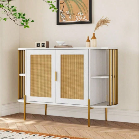 TREXM 2 - Door Elegant Curved Dining Cabinet with Gold Trim and Woven Rattan Doors Dining Room White