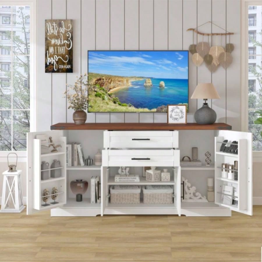 63 Farmhouse Barn Door Storage Cabinet with 2 Drawers Door Rack, Large Buffet Table Coffee Bar Cabinets with Adjustable Shelves Kitchen, Living Room, Entryway, Dining Room, White