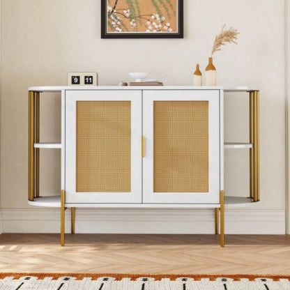 TREXM 2 - Door Elegant Curved Dining Cabinet with Gold Trim and Woven Rattan Doors Dining Room White