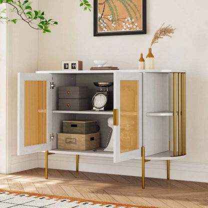 TREXM 2 - Door Elegant Curved Dining Cabinet with Gold Trim and Woven Rattan Doors Dining Room White