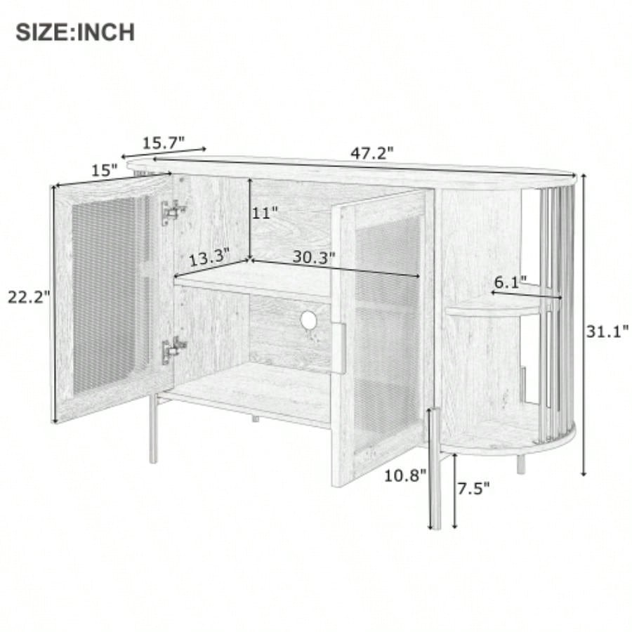 TREXM 2 - Door Elegant Curved Dining Cabinet with Gold Trim and Woven Rattan Doors Dining Room Dark Gray