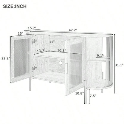 TREXM 2 - Door Elegant Curved Dining Cabinet with Gold Trim and Woven Rattan Doors Dining Room Dark Gray