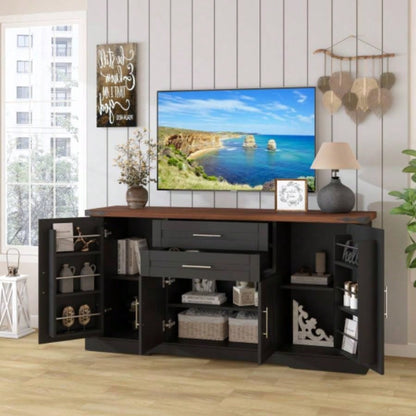 63 Farmhouse Barn Door Storage Cabinet with 2 Drawers Door Rack, Large Buffet Table Coffee Bar Cabinets with Adjustable Shelves Kitchen, Living Room, Entryway, Dining Room, Black