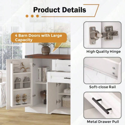 63 Farmhouse Barn Door Storage Cabinet with 2 Drawers Door Rack, Large Buffet Table Coffee Bar Cabinets with Adjustable Shelves Kitchen, Living Room, Entryway, Dining Room, White
