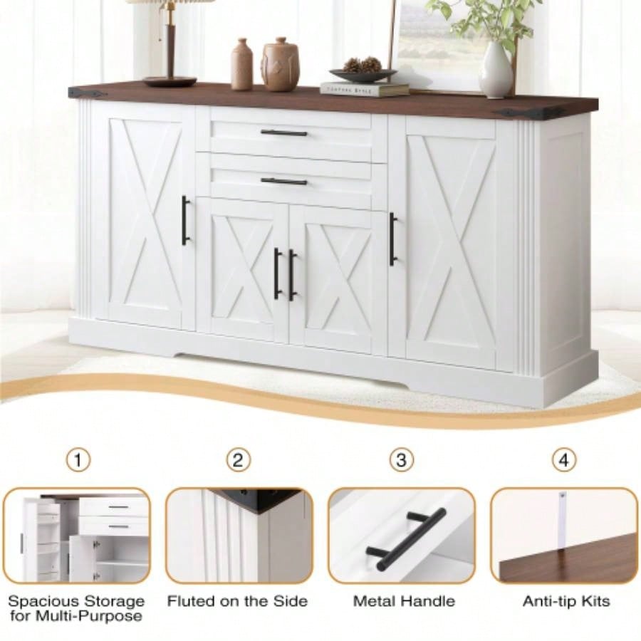 63 Farmhouse Barn Door Storage Cabinet with 2 Drawers Door Rack, Large Buffet Table Coffee Bar Cabinets with Adjustable Shelves Kitchen, Living Room, Entryway, Dining Room, White