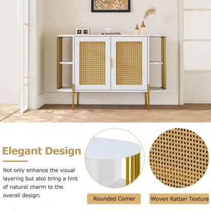 TREXM 2 - Door Elegant Curved Dining Cabinet with Gold Trim and Woven Rattan Doors Dining Room White