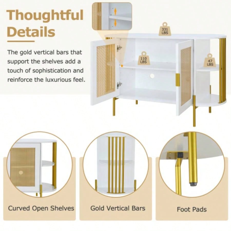 TREXM 2 - Door Elegant Curved Dining Cabinet with Gold Trim and Woven Rattan Doors Dining Room White