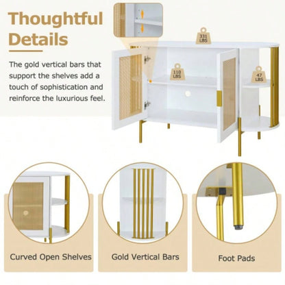 TREXM 2 - Door Elegant Curved Dining Cabinet with Gold Trim and Woven Rattan Doors Dining Room White