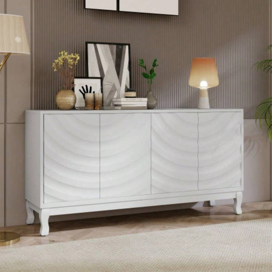 Elegant Sideboard Featuring Sophisticated Wavy Pattern Doors with Arched Groove Design in a Stylish Four - Door Layout, Adjustable, Suitable Study, Entryway and Living RoomWhite