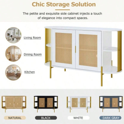 TREXM 2 - Door Elegant Curved Dining Cabinet with Gold Trim and Woven Rattan Doors Dining Room White