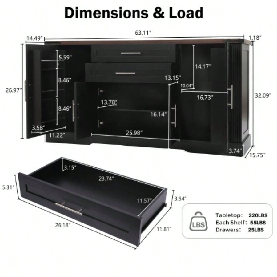 63 Farmhouse Barn Door Storage Cabinet with 2 Drawers Door Rack, Large Buffet Table Coffee Bar Cabinets with Adjustable Shelves Kitchen, Living Room, Entryway, Dining Room, Black