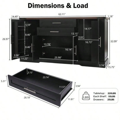 63 Farmhouse Barn Door Storage Cabinet with 2 Drawers Door Rack, Large Buffet Table Coffee Bar Cabinets with Adjustable Shelves Kitchen, Living Room, Entryway, Dining Room, Black