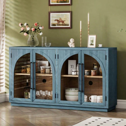 TREXM 4 - Door Large Storage Sideboard Buffet Cabinet with Glass Doors, Arched Cabinet with Adjustable Shelves Kitchen, Dining Room and Living Room Navy
