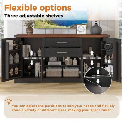 63 Farmhouse Barn Door Storage Cabinet with 2 Drawers Door Rack, Large Buffet Table Coffee Bar Cabinets with Adjustable Shelves Kitchen, Living Room, Entryway, Dining Room, Black