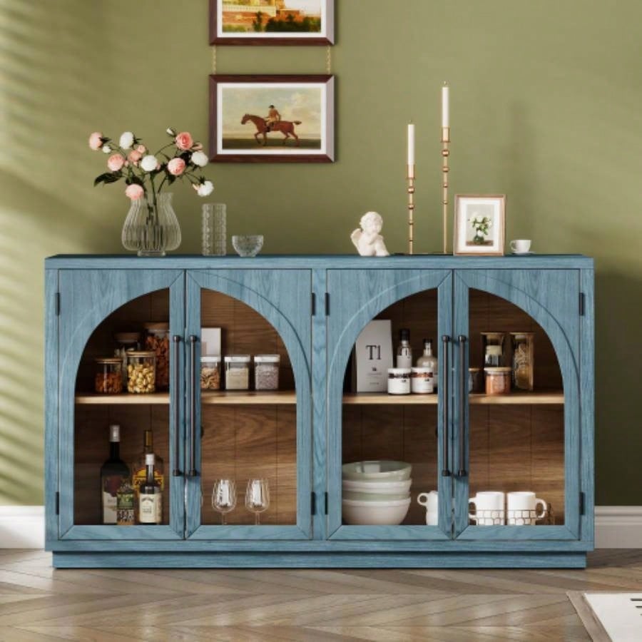TREXM 4 - Door Large Storage Sideboard Buffet Cabinet with Glass Doors, Arched Cabinet with Adjustable Shelves Kitchen, Dining Room and Living Room Navy