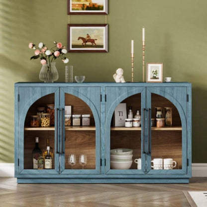 TREXM 4 - Door Large Storage Sideboard Buffet Cabinet with Glass Doors, Arched Cabinet with Adjustable Shelves Kitchen, Dining Room and Living Room Navy
