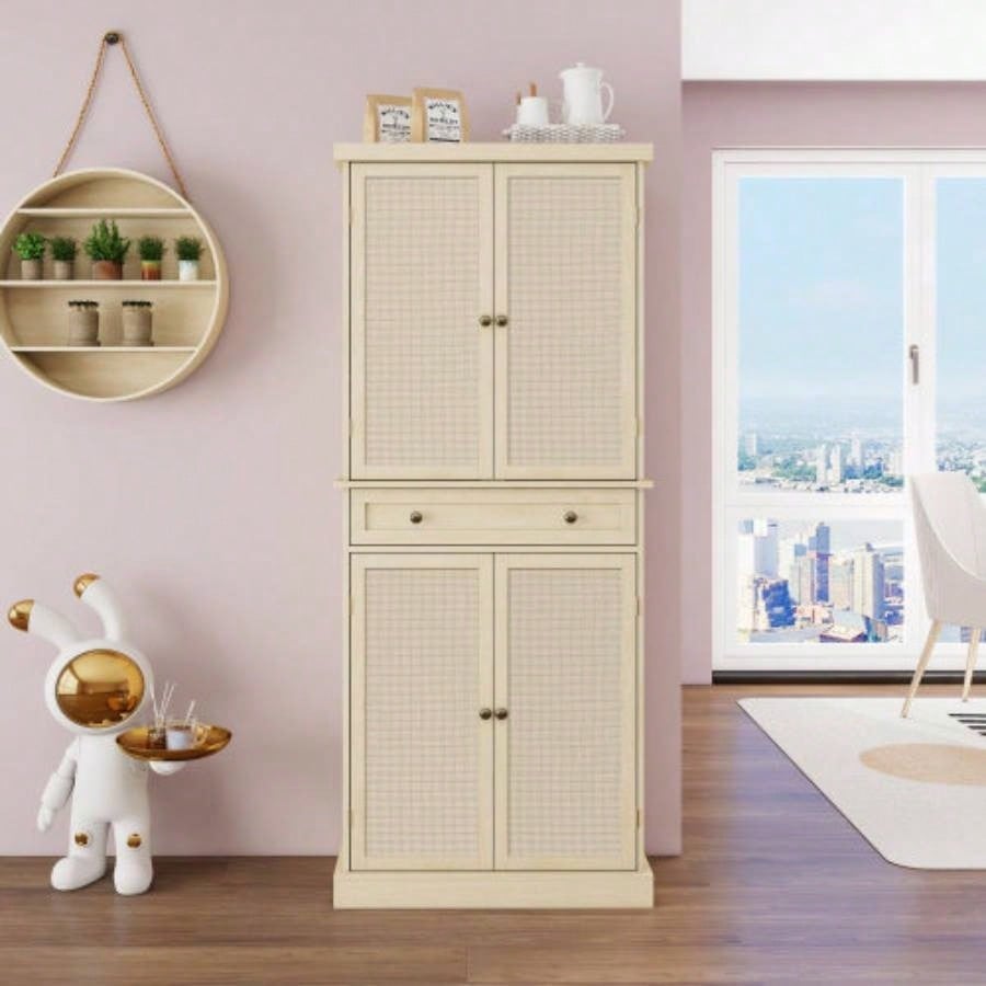 4 Door Cabinet with 1 Drawer, with 4 Adjustable Inner Shelves, Storage Cabinet