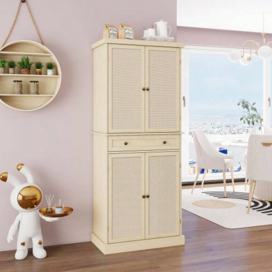 4 Door Cabinet with 1 Drawer, with 4 Adjustable Inner Shelves, Storage Cabinet