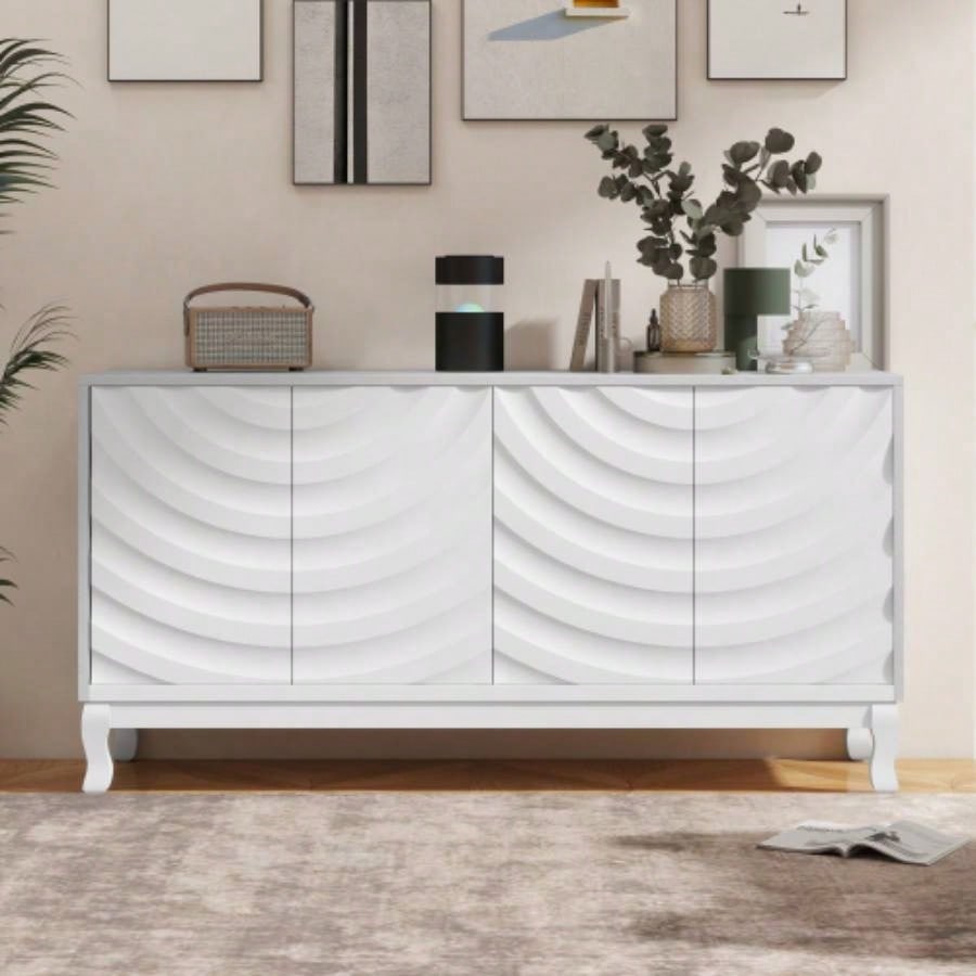 Elegant Sideboard Featuring Sophisticated Wavy Pattern Doors with Arched Groove Design in a Stylish Four - Door Layout, Adjustable, Suitable Study, Entryway and Living RoomWhite