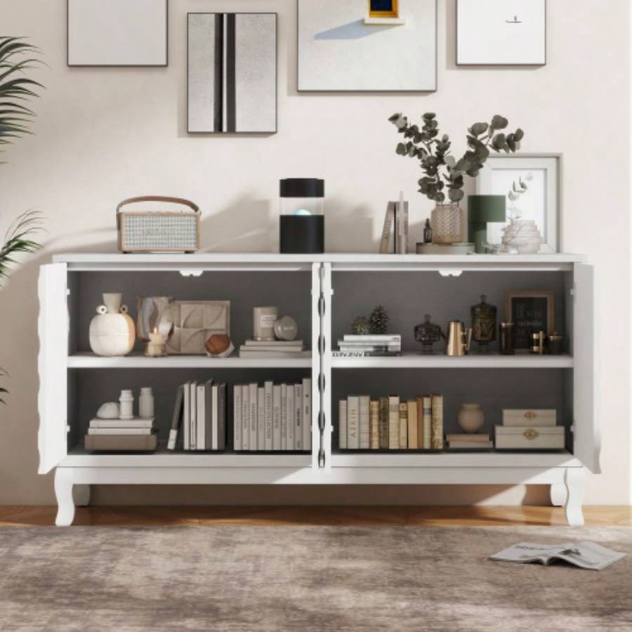 Elegant Sideboard Featuring Sophisticated Wavy Pattern Doors with Arched Groove Design in a Stylish Four - Door Layout, Adjustable, Suitable Study, Entryway and Living RoomWhite